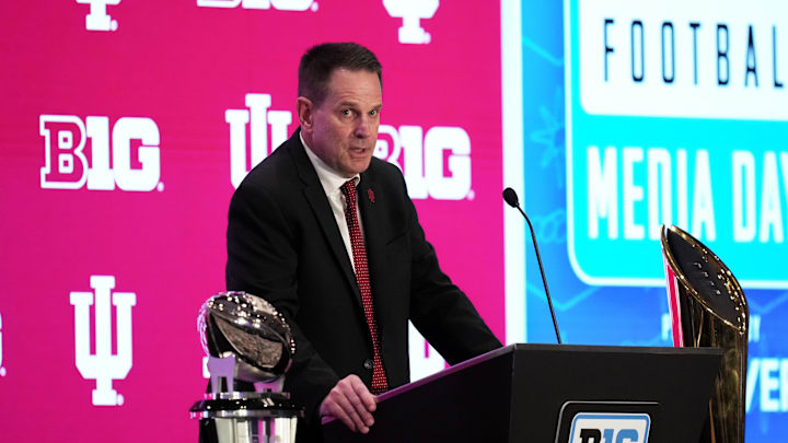 Indiana head coach Curt Cignetti speaks to the media during the Big Ten NCAA college football media days at Mandalay Bay Resort.