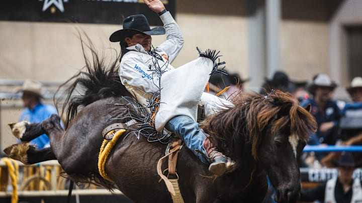 Clayton Biglow aboard Rafter H Rodeo Livestock's Cat Ballou in Tulsa, Okla. at the American Rodeo Contender Central Regionals 
