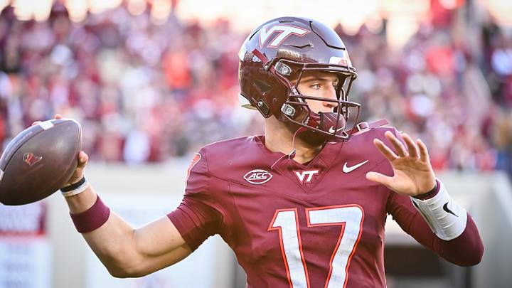 Oct 17, 2026; Blacksburg, Va.; Virginia Tech quarterback Ethan Grunkemeyer (17) warms up at the start of the third quarter.