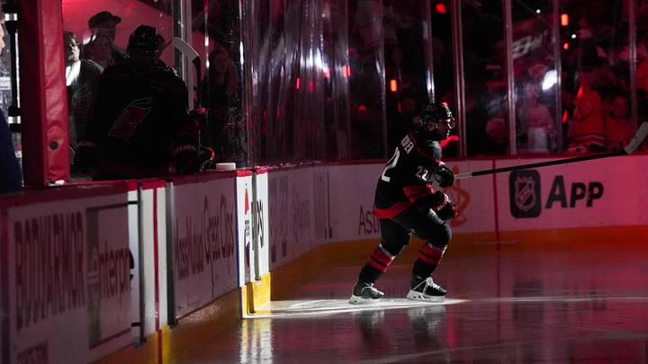 May 23, 2026; Raleigh, North Carolina, USA; Carolina Hurricanes center Logan Stankoven (22) takes the ice for the second period against the Montréal Canadiens in game two of the Eastern Conferene Final of the 2026 Stanley Cup Playoffs at Lenovo Center. Mandatory Credit: James Guillory-Imagn Images