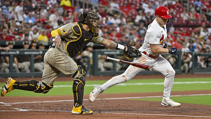 Aug 28, 2023; St. Louis, Missouri, USA;  St. Louis Cardinals left fielder Tyler O'Neill (27)
