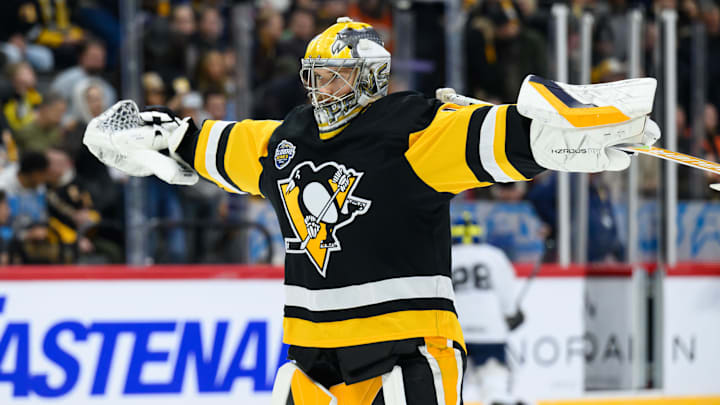 Nov 16, 2025; Stockholm, SWEDEN; Pittsburgh Penguins goaltender Sergei Murashov (1) warms up before playing against the Nashville Predators in a Global Series ice hockey game at Avicii Arena. Mandatory Credit: Per Haljestam-Imagn Images
