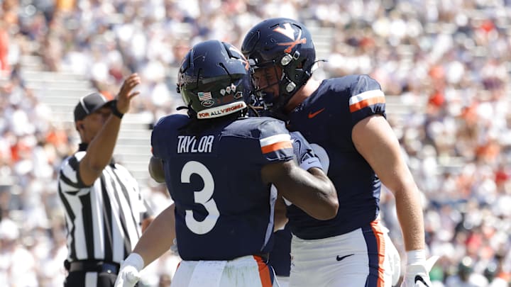 Sep 13, 2025; Charlottesville, Virginia, USA; Virginia Cavaliers running back J'Mari Taylor (3) celebrates with teammates after scoring a during the first half against the William & Mary Tribe at Scott Stadium. Mandatory Credit: Amber Searls-Imagn Images Sep 13, 2025; Charlottesville, Virginia, USA; Virginia Cavaliers running back J'Mari Taylor (3) celebrates with teammates after scoring a during the first half against the William & Mary Tribe at Scott Stadium. Mandatory Credit: Amber Searls-Imagn Images