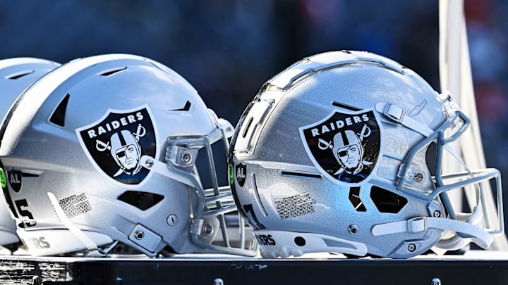 Oct 22, 2023; Chicago, Illinois, USA; A detail view of Las Vegas Raiders helmets before a game against the Chicago Bears at Soldier Field. Mandatory Credit: Jamie Sabau-Imagn Images Oct 22, 2023; Chicago, Illinois, USA; A detail view of Las Vegas Raiders helmets before a game against the Chicago Bears at Soldier Field. Mandatory Credit: Jamie Sabau-Imagn Images