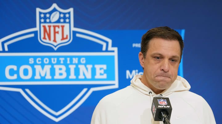Feb 25, 2025; Indianapolis, IN, USA; Kansas City Chiefs general manager Brett Veach speaks during the NFL Scouting Combine at the Indiana Convention Center. Mandatory Credit: Kirby Lee-Imagn Images Feb 25, 2025; Indianapolis, IN, USA; Kansas City Chiefs general manager Brett Veach speaks during the NFL Scouting Combine at the Indiana Convention Center. Mandatory Credit: Kirby Lee-Imagn Images