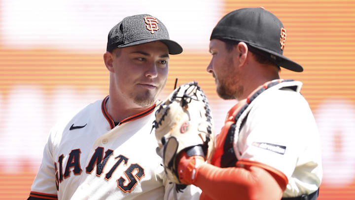 Apr 23, 2026; San Francisco, California, USA; San Francisco Giants relief pitcher Blade Tidwell (46) speaks with catcher Patrick Bailey (14) after the top of the eighth inning against the Los Angeles Dodgers at Oracle Park. Apr 23, 2026; San Francisco, California, USA; San Francisco Giants relief pitcher Blade Tidwell (46) speaks with catcher Patrick Bailey (14) after the top of the eighth inning against the Los Angeles Dodgers at Oracle Park.