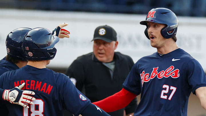Judd Utermark celebrates hitting a home run during Ole Miss baseball's win over Wright State at Swayze Field on Feb. 28, 2025.
