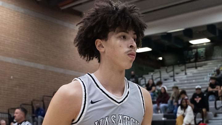 Jan 3, 2025; Gilbert, AZ, USA; Wasatch Academy wing Junior County (15) against Link Academy during the Hoophall West High School Invitational at Highland High School. Mandatory Credit: Mark J. Rebilas-Imagn Images