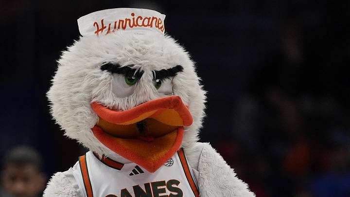 Mar 12, 2026; Charlotte, NC, USA;Miami (FL) Hurricanes mascot Sebastian during the first half against the Louisville Cardinals at Spectrum Center. Mandatory Credit: Jim Dedmon-Imagn Images