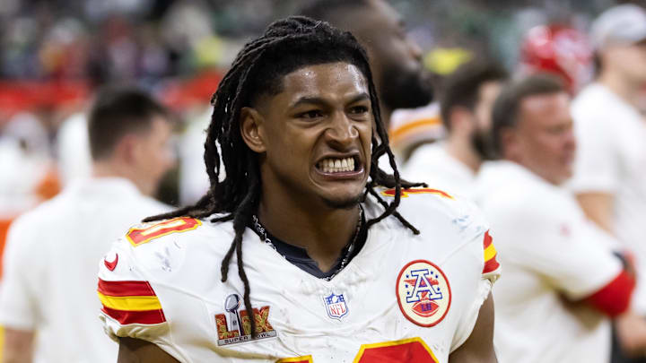 Feb 9, 2025; New Orleans, LA, USA;  Kansas City Chiefs running back Isiah Pacheco (10) against the Philadelphia Eagles in Super Bowl LIX at Ceasars Superdome. Mandatory Credit: Mark J. Rebilas-Imagn Images