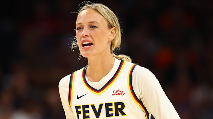 Aug 7, 2025; Phoenix, Arizona, USA; Indiana Fever guard Sophie Cunningham (8) against the Phoenix Mercury during an WNBA game at PHX Arena. Mandatory Credit: Mark J. Rebilas-Imagn Images