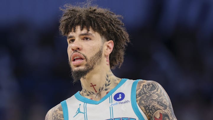 Jan 22, 2026; Orlando, Florida, USA; Charlotte Hornets guard LaMelo Ball (1) looks on against the Orlando Magic in the first quarter at Kia Center. Mandatory Credit: Nathan Ray Seebeck-Imagn Images