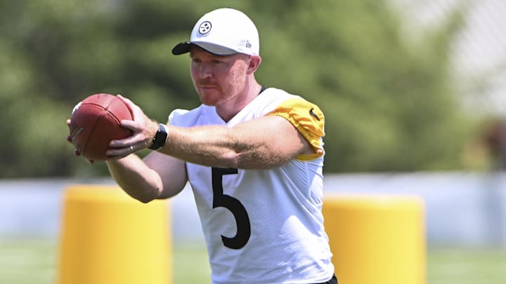 Jul 25, 2025; Pittsburgh, PA, USA; Pittsburgh Steelers punter Cameron Johnston participates in drills during training camp at Saint Vincent College. Mandatory Credit: Barry Reeger-Imagn Images