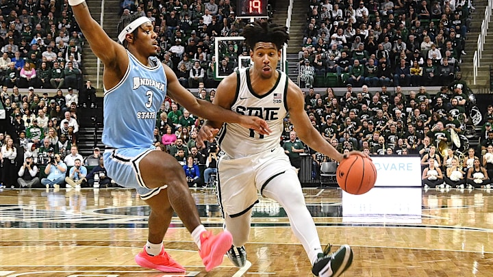 Dec 30, 2023; East Lansing, Michigan, USA; Michigan State Spartans guard A.J. Hoggard (11) drives