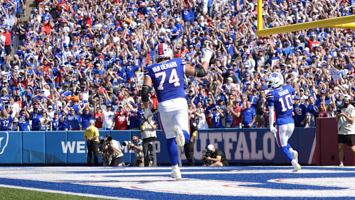 Buffalo Bills wide receiver Khalil Shakir scores a touchdown during the first quarter against the New Orleans Saints. Buffalo Bills wide receiver Khalil Shakir scores a touchdown during the first quarter against the New Orleans Saints.