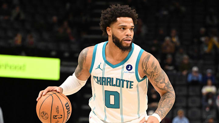 Jan 28, 2026; Memphis, Tennessee, USA; Charlotte Hornets forward Miles Bridges (0) dribbles at the top of the key in the third quarter against the Memphis Grizzlies at FedExForum. Mandatory Credit: Matthew Smith-Imagn Images