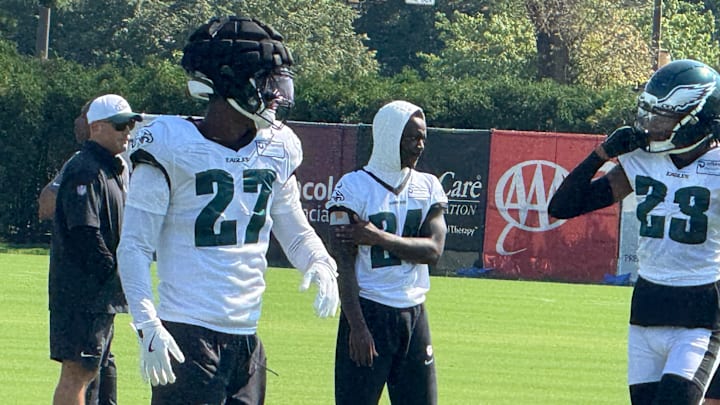 Eagles second-year cornerback Quinyon Mitchell works through a drill at training camp. Eagles second-year cornerback Quinyon Mitchell works through a drill at training camp.