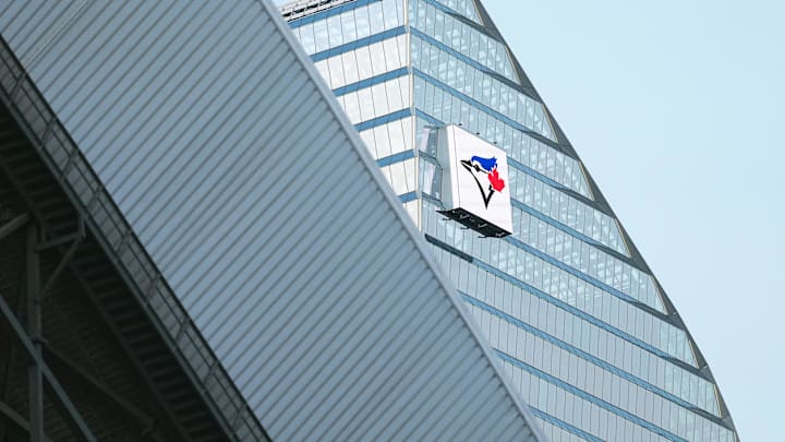 Oct 4, 2025; Toronto, Ontario, CAN; The Toronto Dominion Bank Building displays the Toronto Blue Jays logo against the New York Yankees during the eighth inning in game one of the ALDS round for the 2025 MLB playoffs at Rogers Centre. Mandatory Credit: Nick Turchiaro-Imagn Images Oct 4, 2025; Toronto, Ontario, CAN; The Toronto Dominion Bank Building displays the Toronto Blue Jays logo against the New York Yankees during the eighth inning in game one of the ALDS round for the 2025 MLB playoffs at Rogers Centre. Mandatory Credit: Nick Turchiaro-Imagn Images