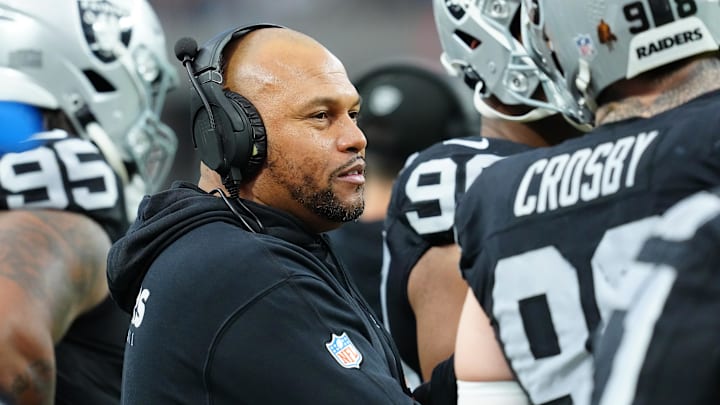 Jan 7, 2024; Paradise, Nevada, USA; Las Vegas Raiders head coach Antonio Pierce is on the sideline during a game against the Denver Broncos during the first quarter at Allegiant Stadium. Mandatory Credit: Stephen R. Sylvanie-USA TODAY Sports