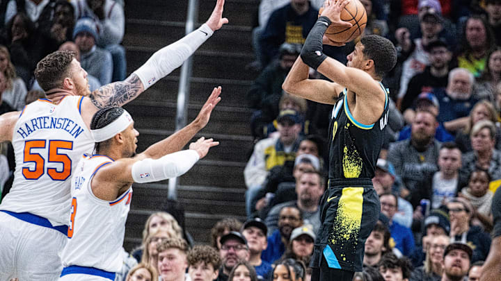 Dec 30, 2023; Indianapolis, Indiana, USA; Indiana Pacers guard Tyrese Haliburton (0) shoots the ball against the New York Knicks Dec 30, 2023; Indianapolis, Indiana, USA; Indiana Pacers guard Tyrese Haliburton (0) shoots the ball against the New York Knicks