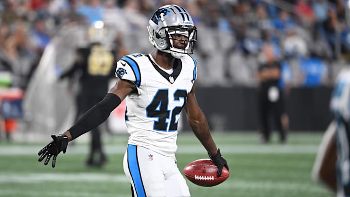 Sep 18, 2023; Charlotte, North Carolina, USA; Carolina Panthers safety Sam Franklin Jr. (42) reacts in the 3rd quarter at Bank of America Stadium. Mandatory Credit: Bob Donnan-Imagn Images Sep 18, 2023; Charlotte, North Carolina, USA; Carolina Panthers safety Sam Franklin Jr. (42) reacts in the 3rd quarter at Bank of America Stadium. Mandatory Credit: Bob Donnan-Imagn Images