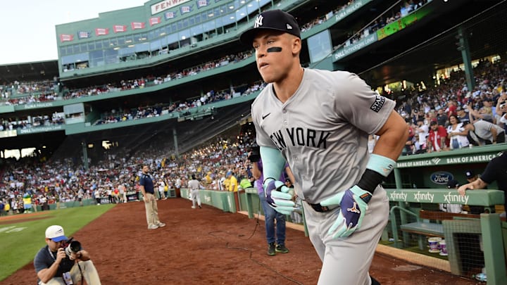 Jun 15, 2024; Boston, Massachusetts, USA;  New York Yankees center fielder Aaron Judge (99) takes the field prior to a game against the Boston Red Sox at Fenway Park. Mandatory Credit: Bob DeChiara-USA TODAY Sports