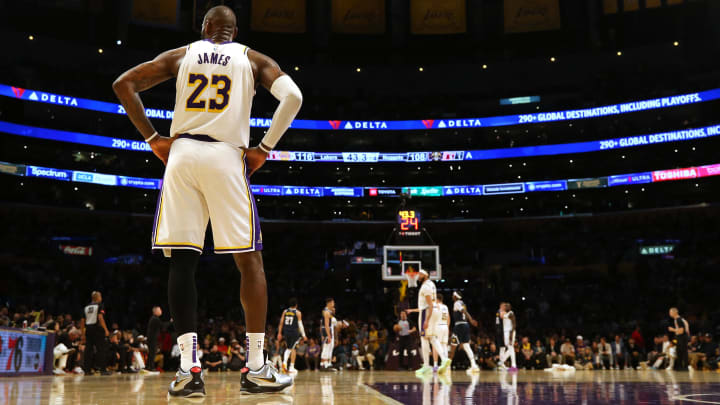 Apr 27, 2024; Los Angeles, California, USA; Los Angeles Lakers forward LeBron James (23) during the fourth quarter in game four of the first round for the 2024 NBA playoffs against the Denver Nuggets at Crypto.com Arena. Mandatory Credit: Jason Parkhurst-USA TODAY Sports Apr 27, 2024; Los Angeles, California, USA; Los Angeles Lakers forward LeBron James (23) during the fourth quarter in game four of the first round for the 2024 NBA playoffs against the Denver Nuggets at Crypto.com Arena. Mandatory Credit: Jason Parkhurst-USA TODAY Sports