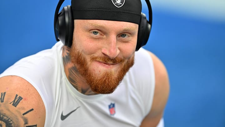 Las Vegas Raiders defensive end Maxx Crosby warms up before the game against the Los Angeles Chargers at SoFi Stadium. 