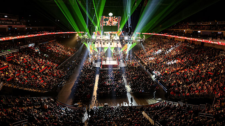 A full house watches the excitement of WWE Monday Night Raw at Wells Fargo Arena in Des Moines.
