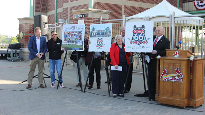 Mercy Springfield Communities President John Myers, O'Reilly Auto Parts Vice President of Advertising and Marketing Hugo Sanchez, City of Springfield Spokesperson Cora Scott and Springfield Cardinals General Manager Dan Reiter pose after unveiling the renderings and logo for Route 66 Stadium on April 23, 2026.