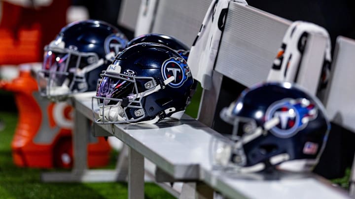 Aug 25, 2024; New Orleans, Louisiana, USA;  Detailed view of the Tennessee Titans helmet against the New Orleans Saints during the first half at Caesars Superdome. Mandatory Credit: Stephen Lew-Imagn Images