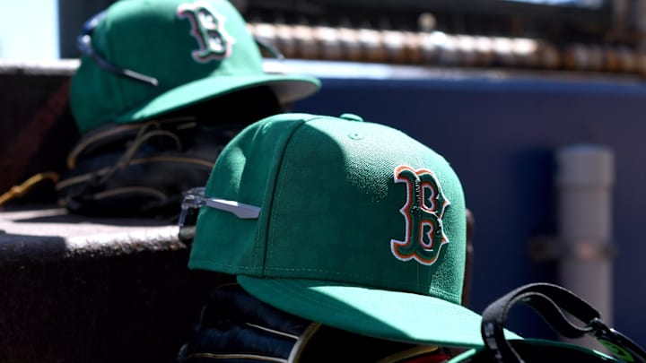 Mar 17, 2025; North Port, Florida, USA; Boston Red Sox hats on the stairs to the dugout before the start of the game between the Atlanta Braves and Boston Red Sox during spring training at CoolToday Park. Mandatory Credit: Jonathan Dyer-Imagn Images Mar 17, 2025; North Port, Florida, USA; Boston Red Sox hats on the stairs to the dugout before the start of the game between the Atlanta Braves and Boston Red Sox during spring training at CoolToday Park. Mandatory Credit: Jonathan Dyer-Imagn Images