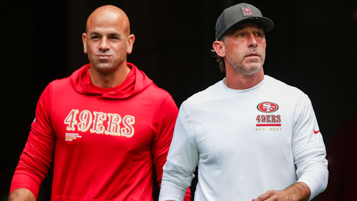 Former San Francisco 49ers defensive coordinator Robert Saleh, left, and head coach Kyle Shanahan