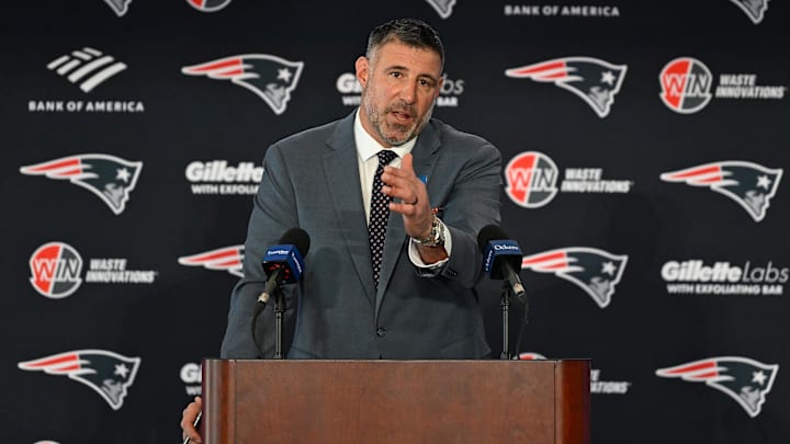 Jan 13, 2025; Foxborough, MA, USA; Mike Vrabel addresses media at a press conference to announce his hiring as the new head coach of the New England Patriots at Gillette Stadium. Mandatory Credit: Eric Canha-Imagn Images