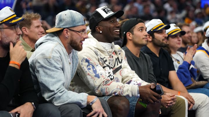 Nov 12, 2024; San Francisco, California, USA; San Francisco 49ers wide receiver Deebo Samuel watches action between the Golden State Warriors and the Dallas Mavericks in the third quarter at the Chase Center. Mandatory Credit: Cary Edmondson-Imagn Images