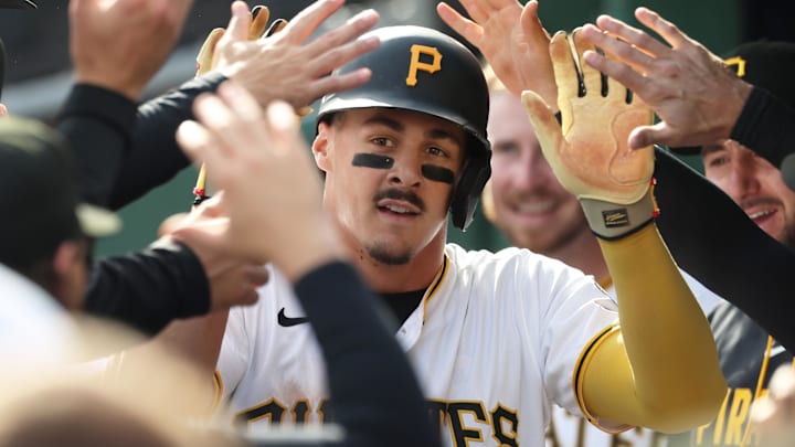 Apr 3, 2026; Pittsburgh, Pennsylvania, USA;  Pittsburgh Pirates shortstop Konnor Griffin (6) high-fives in the dugout after scoring his first major league run in his debut against the Baltimore Orioles during the second inning at PNC Park. Mandatory Credit: Charles LeClaire-Imagn Images