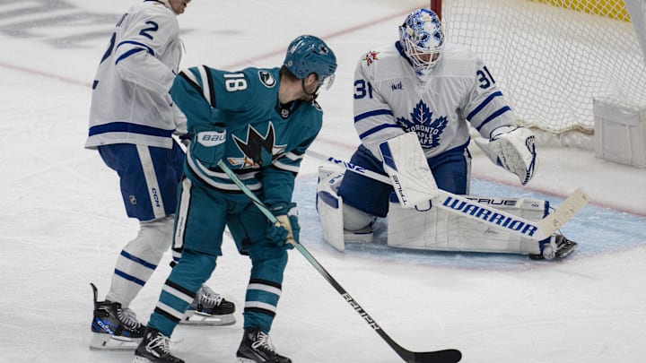 Jan 6, 2024; San Jose, California, USA; Toronto Maple Leafs goaltender Martin Jones (31) makes a