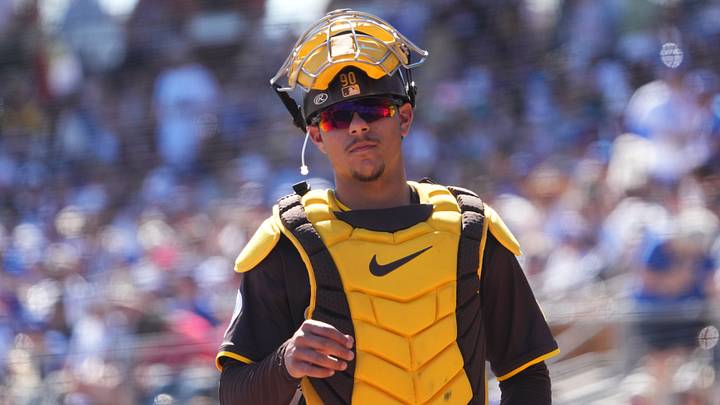 Feb 23, 2025; Phoenix, Arizona, USA; San Diego Padres catcher Ethan Salas (90) looks on against the Los Angeles Dodgers during the second inning at Camelback Ranch-Glendale. Mandatory Credit: Joe Camporeale-Imagn Images Feb 23, 2025; Phoenix, Arizona, USA; San Diego Padres catcher Ethan Salas (90) looks on against the Los Angeles Dodgers during the second inning at Camelback Ranch-Glendale. Mandatory Credit: Joe Camporeale-Imagn Images