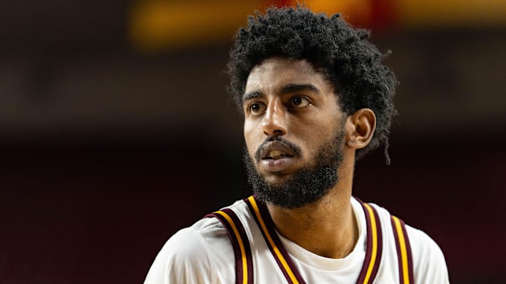Arizona State Sun Devils Moe Odum (5) looks at the net before taking a shot during a game against the Southern Utah Thunderbirds at Desert Financial Arena in Tempe on Nov. 4, 2025.
