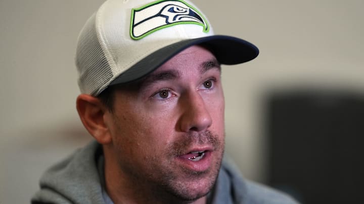 Feb 5, 2026; San Jose, CA, USA; Seattle Seahawks offensive coordinator Klint Kubiak talks to media members at the San Jose Marriott. Mandatory Credit: Darren Yamashita-Imagn Images