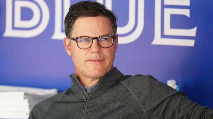 May 31, 2023; Toronto, Ontario, CAN; General Manager of the Toronto Blue Jays Ross Atkins watches batting practice against the Milwaukee Brewers at Rogers Centre