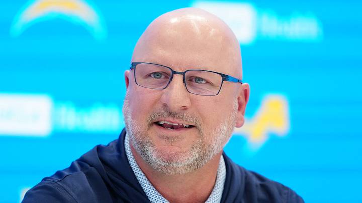 Apr 16, 2026; El Segundo, CA, USA; Los Angeles Chargers general manager Joe Hortiz speaks at press conference at The Bolt. Mandatory Credit: Kirby Lee-Imagn Images