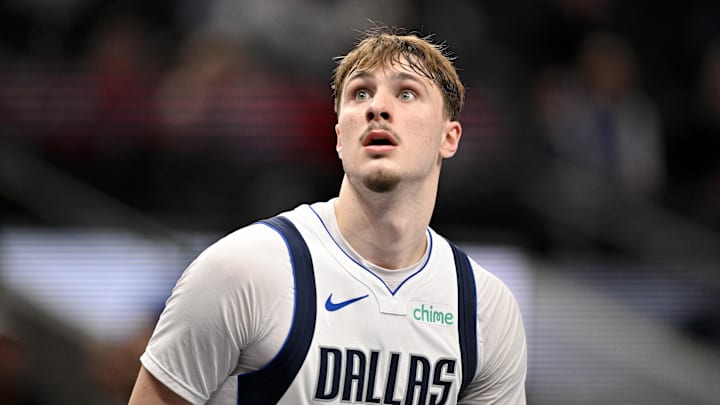 Feb 5, 2026; Dallas, Texas, USA; Dallas Mavericks forward Cooper Flagg (32) looks on during the second half against the San Antonio Spurs at the American Airlines Center.