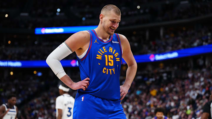 Apr 20, 2026; Denver, Colorado, USA; Denver Nuggets center Nikola Jokic (15) reacts in the second quarter against the Minnesota Timberwolves  during game two of the first round of the 2026 NBA Playoffs at Ball Arena. Mandatory Credit: Ron Chenoy-Imagn Images