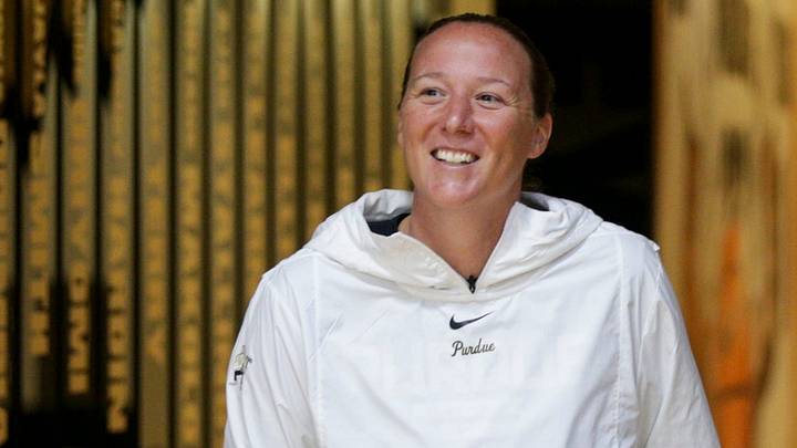 Purdue head coach Katie Gearlds walks onto Cardinal Court. Purdue head coach Katie Gearlds walks onto Cardinal Court.