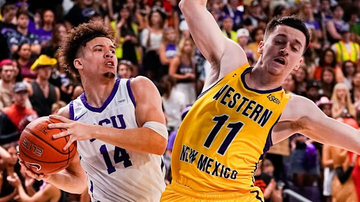 Antelopes Guard Jayden Stone (14), left, drives to the basket while being guarded by Mustangs Guard Andrew Leonard (11), right, during the second half against Western New Mexico University at Grand Canyon University Arena on Saturday, Oct. 30, 2021, in Phoenix.

Cent02 7i7a9pzftlj5zthw2uf Original