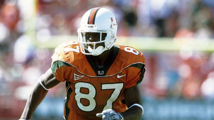 Oct 7, 2000; Miami, FL, USA; FILE PHOTO; Miami Hurricanes wide receiver Reggie Wayne (87) in action during the game against the Florida State Seminoles at Sun Life Stadium. Mandatory Credit: Imagn Images 