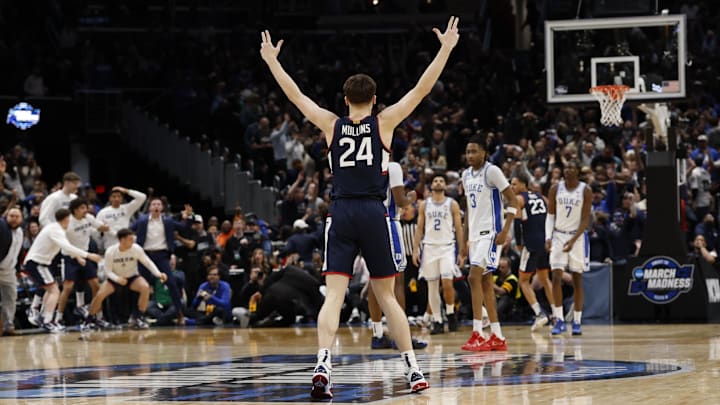 Mar 29, 2026; Washington, DC, USA; UConn Huskies guard Braylon Mullins (24) celebrates after making the game-winning three-point basket against the Duke Blue Devils in the second half during an Elite Eight game of the East Regional of the men's 2026 NCAA Tournament at Capital One Arena. Mandatory Credit: Geoff Burke-Imagn Images Mar 29, 2026; Washington, DC, USA; UConn Huskies guard Braylon Mullins (24) celebrates after making the game-winning three-point basket against the Duke Blue Devils in the second half during an Elite Eight game of the East Regional of the men's 2026 NCAA Tournament at Capital One Arena. Mandatory Credit: Geoff Burke-Imagn Images