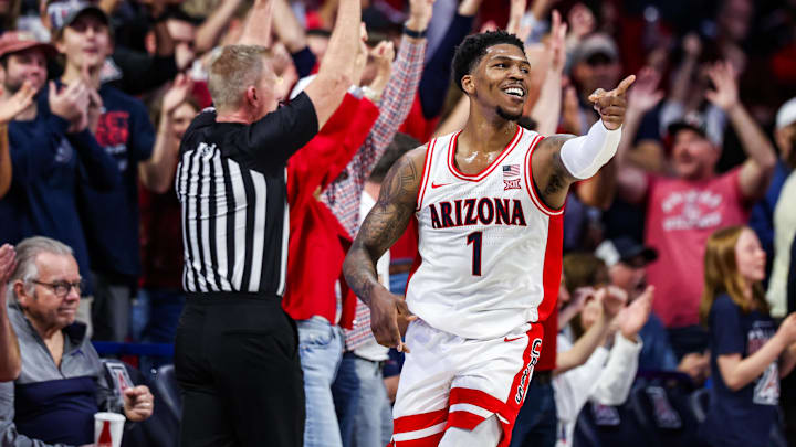 Feb 15, 2025; Tucson, Arizona, USA; Arizona Wildcats guard Caleb Love (1) points after he makes a three pointer during the first half against the Houston Cougars at McKale Center. Mandatory Credit: Aryanna Frank-Imagn Images Feb 15, 2025; Tucson, Arizona, USA; Arizona Wildcats guard Caleb Love (1) points after he makes a three pointer during the first half against the Houston Cougars at McKale Center. Mandatory Credit: Aryanna Frank-Imagn Images
