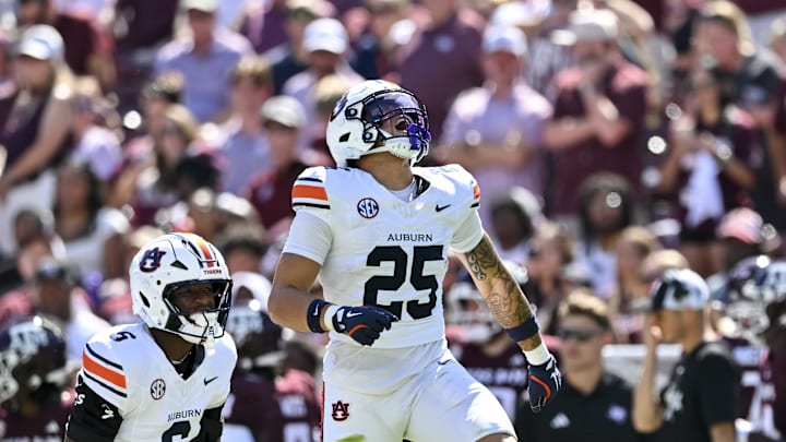 Sep 27, 2025; College Station, Texas, USA; Auburn Tigers safety Eric Winters (25) reacts after sacking Texas A&M Aggies quarterback Marcel Reed (not pictured) during the first quarter at Kyle Field. Mandatory Credit: Maria Lysaker-Imagn Images Sep 27, 2025; College Station, Texas, USA; Auburn Tigers safety Eric Winters (25) reacts after sacking Texas A&M Aggies quarterback Marcel Reed (not pictured) during the first quarter at Kyle Field. Mandatory Credit: Maria Lysaker-Imagn Images
